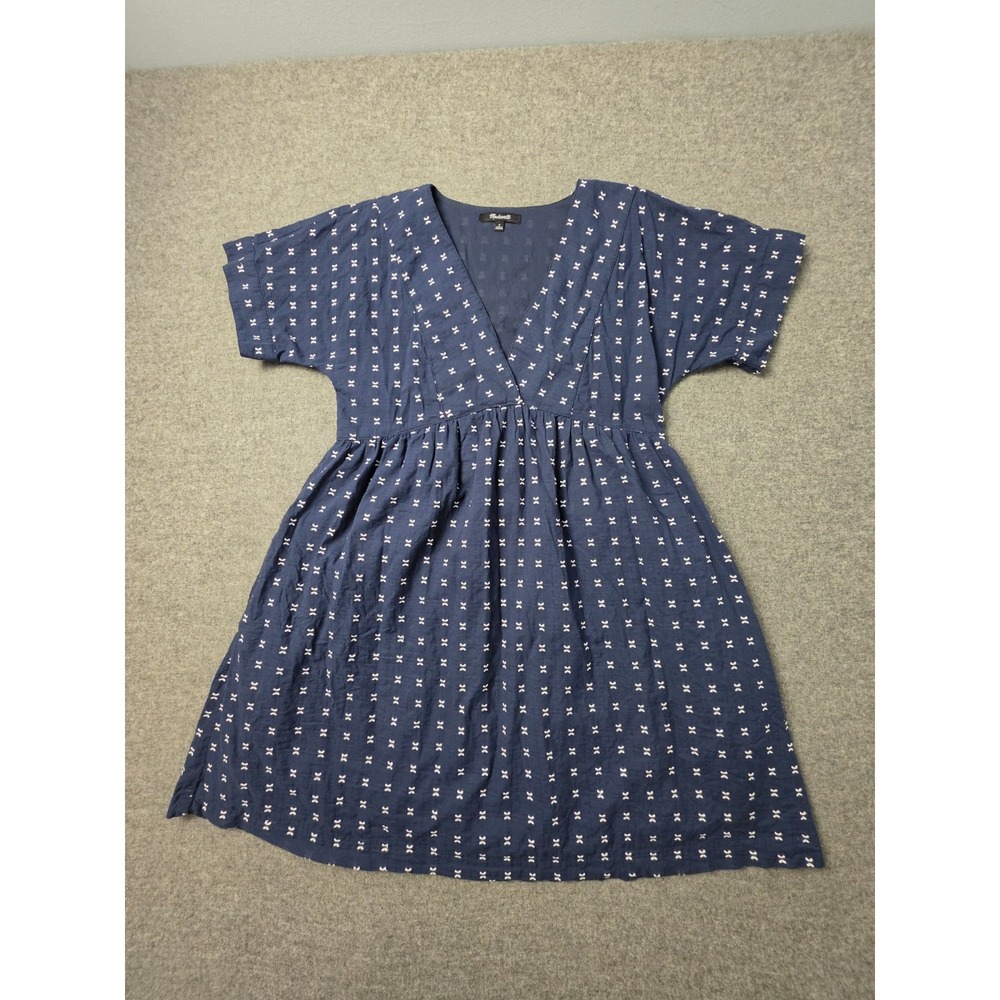 Madewell Mini Dress Womens Small Blue Printed Empire Waist Short Sleeve V-Neck